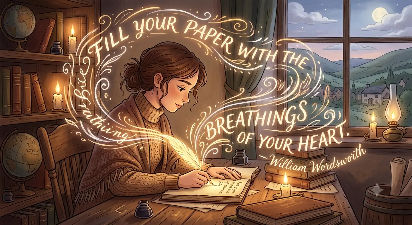 A quiet writing desk with a notebook, pen, and a cup of tea.